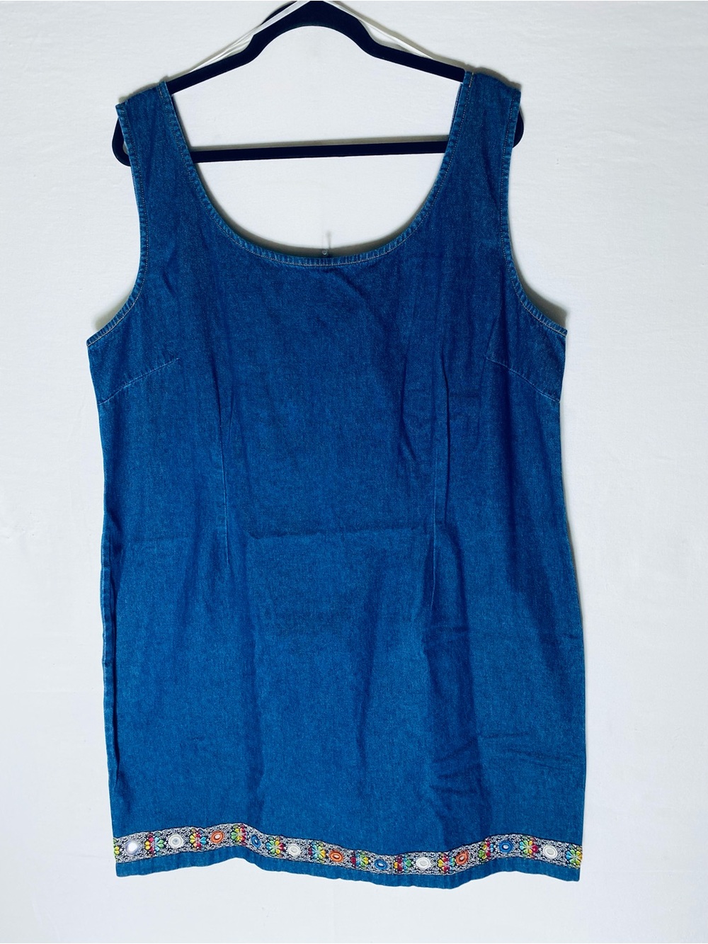 Vintage California Concepts Denim Scoop Neck Dress W Embroidered Stripe Hem 20